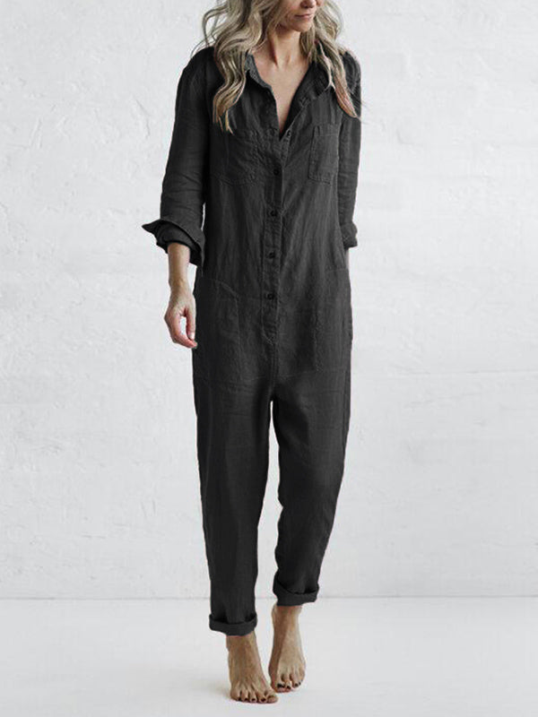 Anna Damenoverall Langarm, Button Down, Lässig Chic für Frühling und Herbst, Vielseitig Kombinierbar-4
