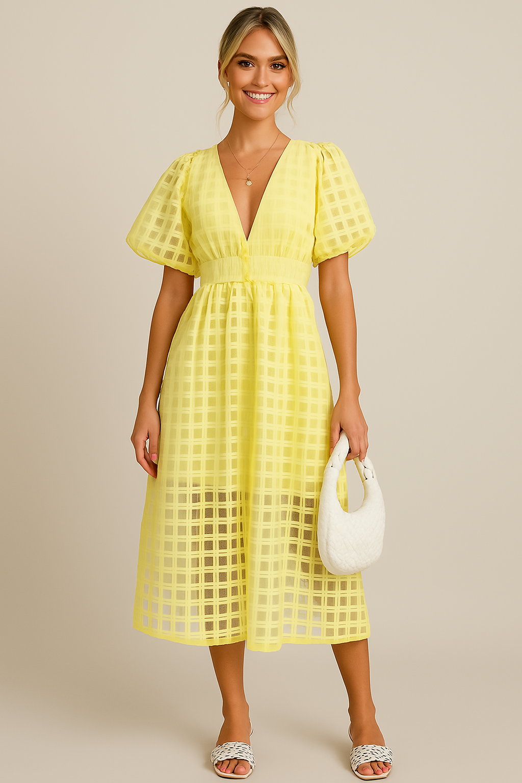Callie - Sommerliche Eleganz mit dem Midi-Kleid mit Puffärmeln