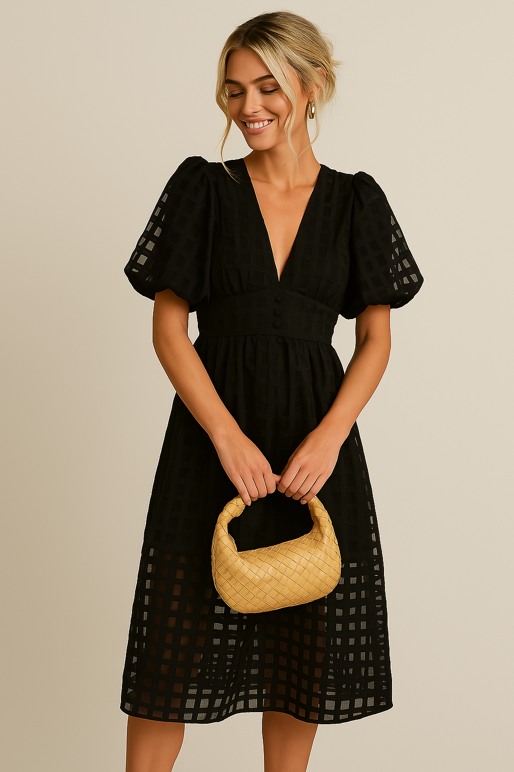 Callie - Sommerliche Eleganz mit dem Midi-Kleid mit Puffärmeln