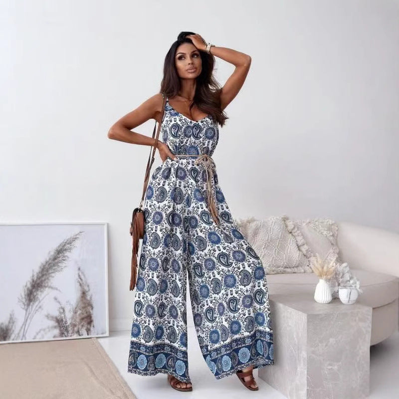 Variant image for Elegante Anna - Damen Jumpsuit Festlich Mit weitem Bein, V-Ausschnitt, Krawatten-Taille, Retro Blumendruck, Ideal Für Sommer-5