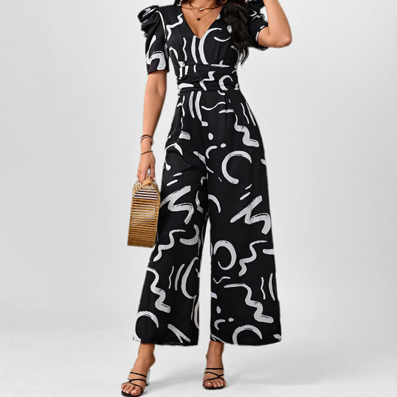 Variant image for Anna Damen Jumpsuit Festlich - Puffärmel, V-Ausschnitt, Weites Bein, Abstrakter Druck für Hochzeit oder Sommer-1