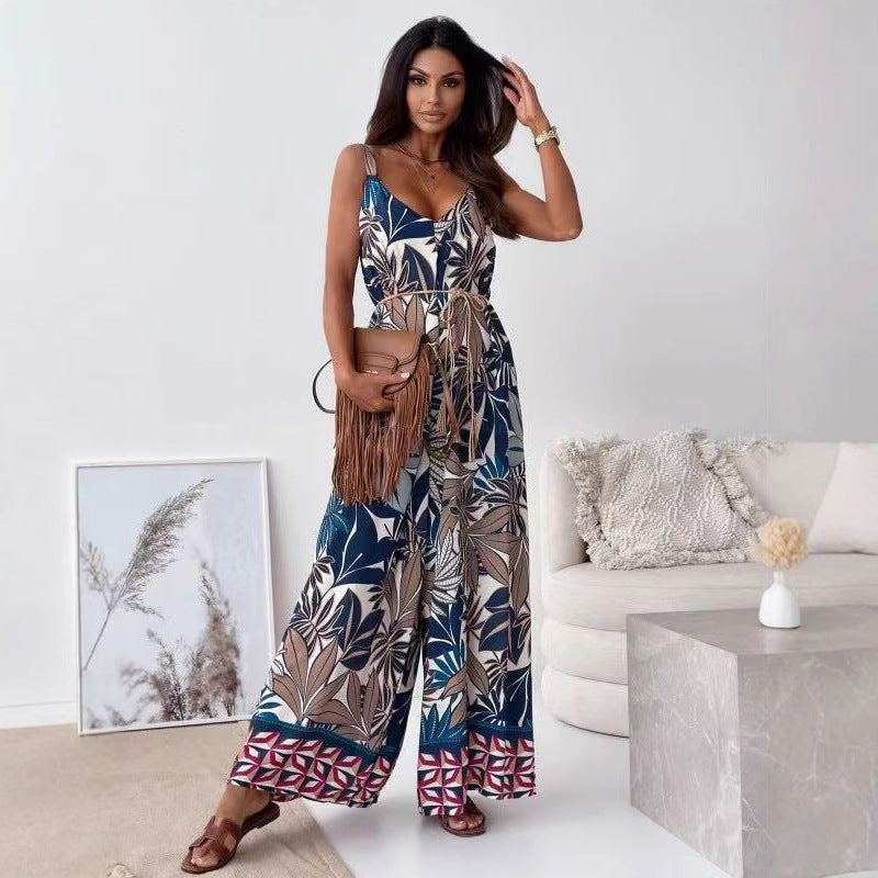 Variant image for Elegante Anna - Damen Jumpsuit Festlich Mit weitem Bein, V-Ausschnitt, Krawatten-Taille, Retro Blumendruck, Ideal Für Sommer-9