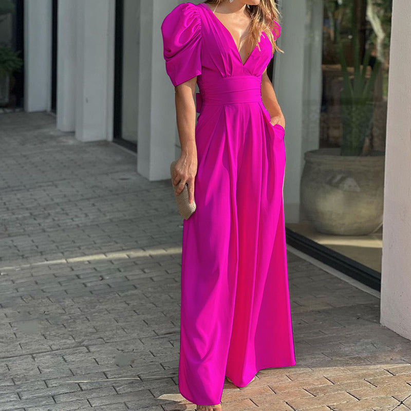 Variant image for Eleganter Damen Jumpsuit Mit Weitem Bein Und Puffärmeln – Festlich Für Hochzeit Und Sommer-5