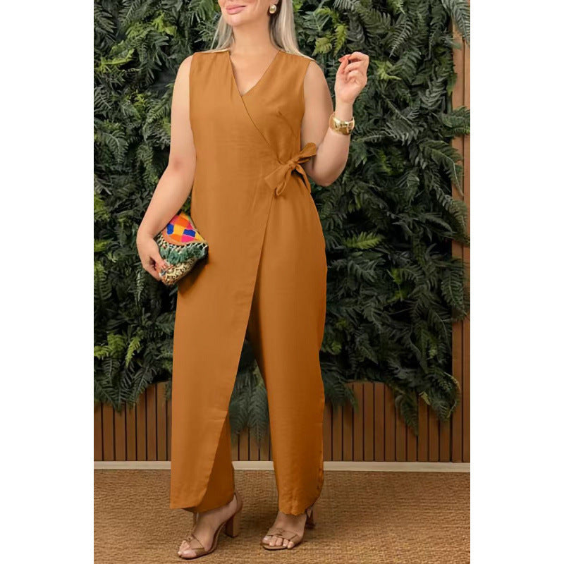 Anna Jumpsuit Damen Elegant - Wickel V-Ausschnitt, Ärmellos, Weites Bein, Ideal für Sommer-6