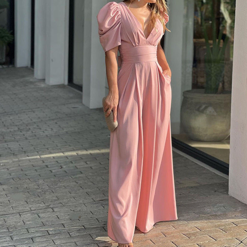Eleganter Damen Jumpsuit Mit Weitem Bein Und Puffärmeln – Festlich Für Hochzeit Und Sommer-4