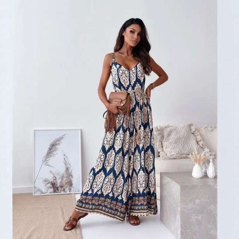 Variant image for Elegante Anna - Damen Jumpsuit Festlich Mit weitem Bein, V-Ausschnitt, Krawatten-Taille, Retro Blumendruck, Ideal Für Sommer-13