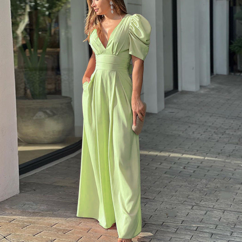 Eleganter Damen Jumpsuit Mit Weitem Bein Und Puffärmeln – Festlich Für Hochzeit Und Sommer-5