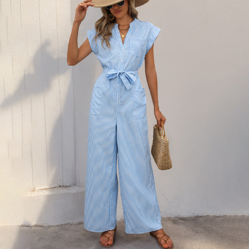 Variant image for Anna Jumpsuit Damen Sommer - V-Ausschnitt, Weitbein, Krawatte Taille, Kurzarm, Streifen, Elegant-1