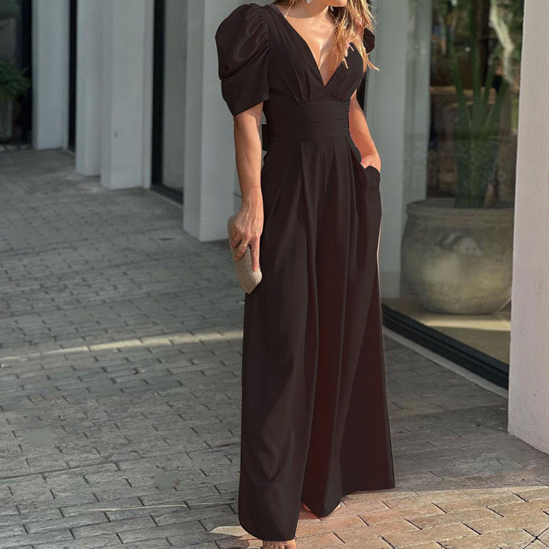 Eleganter Damen Jumpsuit Mit Weitem Bein Und Puffärmeln – Festlich Für Hochzeit Und Sommer-6