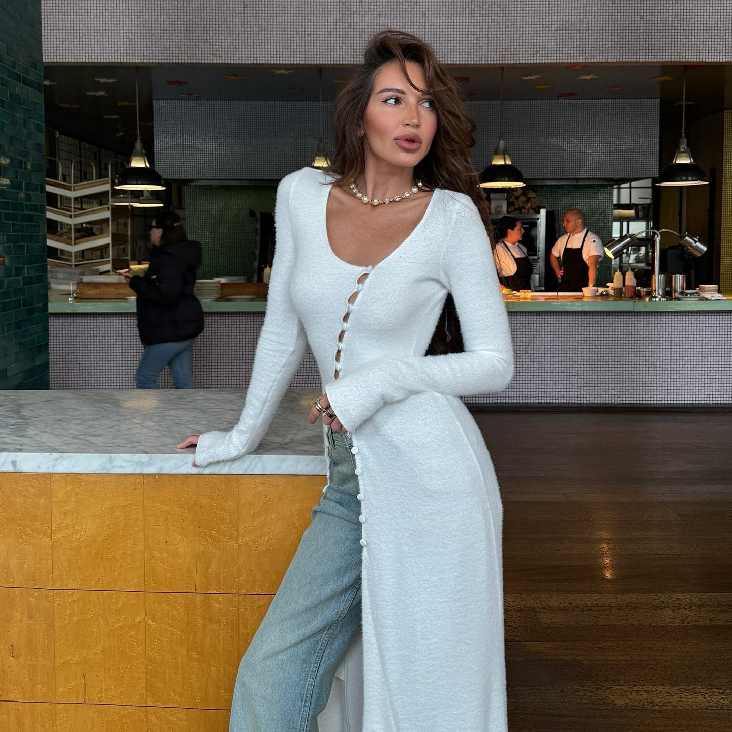 Variant image for Elegante Strickjacke Damen - Plüsch Slim Fit Maxilänge - Knopf-Design für Herbst/Winter-1