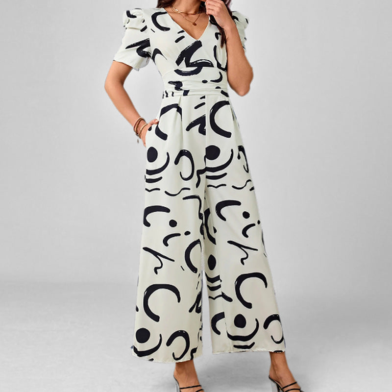Variant image for Anna Damen Jumpsuit Festlich - Puffärmel, V-Ausschnitt, Weites Bein, Abstrakter Druck für Hochzeit oder Sommer-5