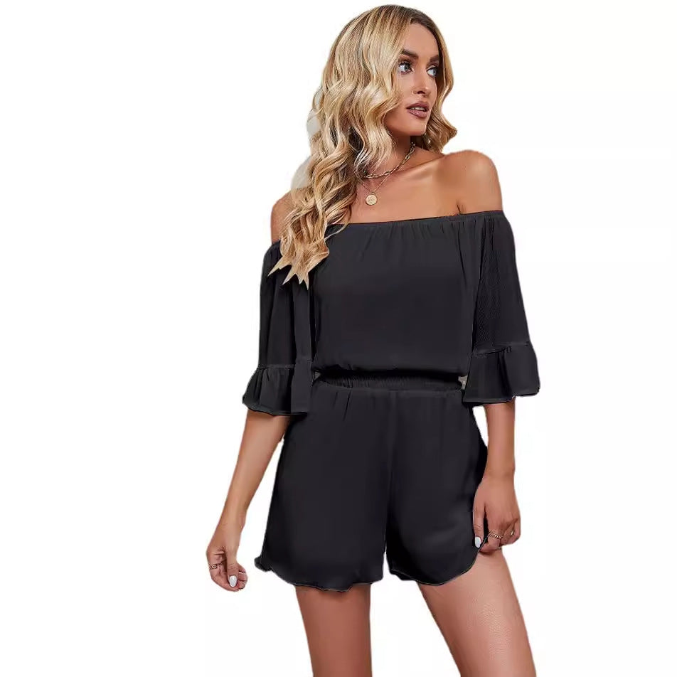 Eleganter Damen Jumpsuit - Off-Shoulder Chiffon, Kurze Länge für Sommer, Weiß-5