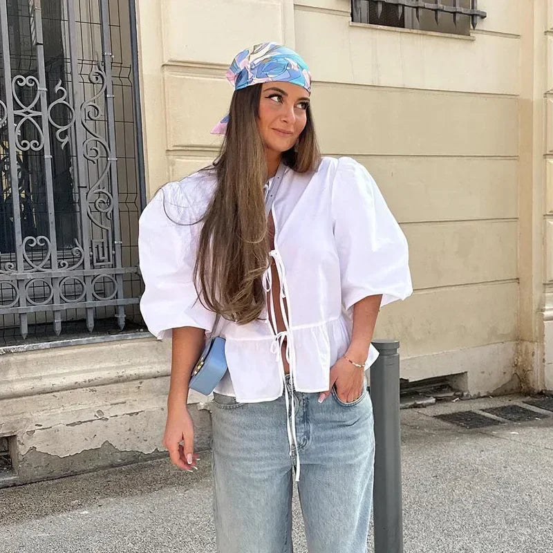 Britney - Fashion Schnürhemd mit Puffärmeln Frauen