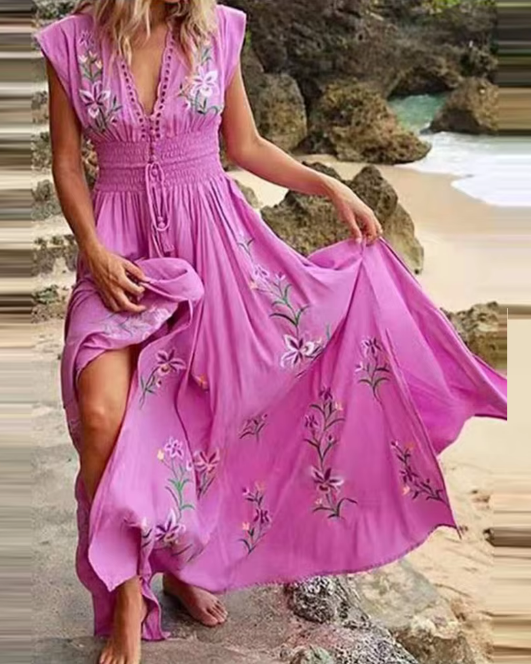 Murray - Eleganz Boho Maxi-Kleid mit Blumen-Stickereien