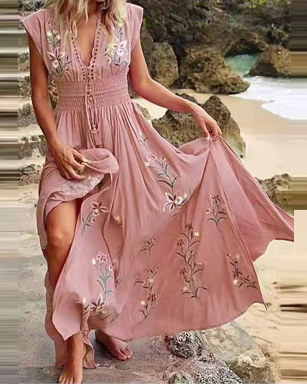 Murray - Eleganz Boho Maxi-Kleid mit Blumen-Stickereien