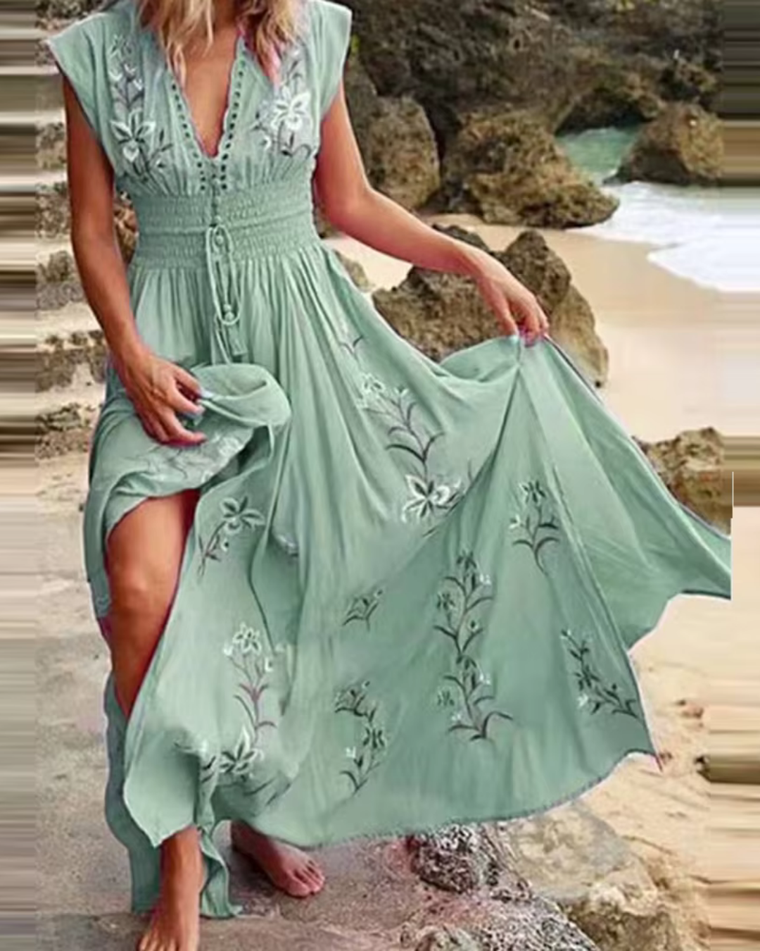 Murray - Eleganz Boho Maxi-Kleid mit Blumen-Stickereien