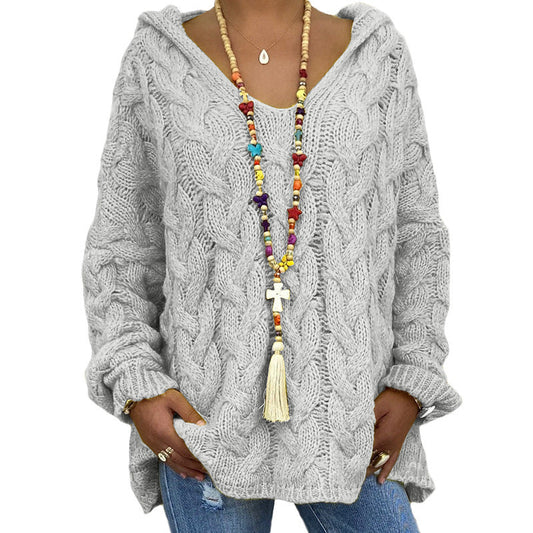 Kabelstrickpullover Damen - Übergröße mit Kapuze - Warmer Pullover für Herbst/Winter-1