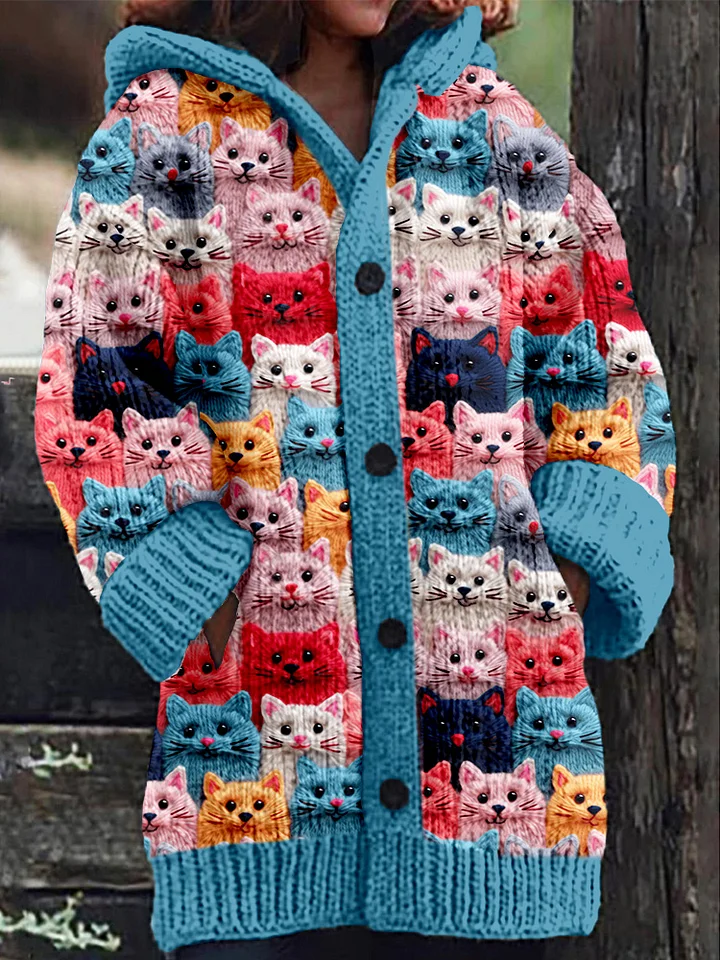 Katzen Strickjacke Damen – Bunte Kapuzen-Strickjacke für Herbst und Winter, Lockere Passform, Ideal für Lässige Anlässe-1