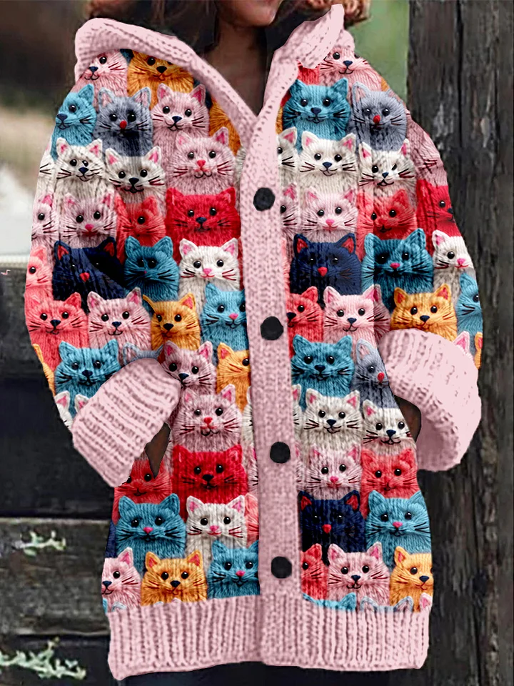 Variant image for Katzen Strickjacke Damen – Bunte Kapuzen-Strickjacke für Herbst und Winter, Lockere Passform, Ideal für Lässige Anlässe-15