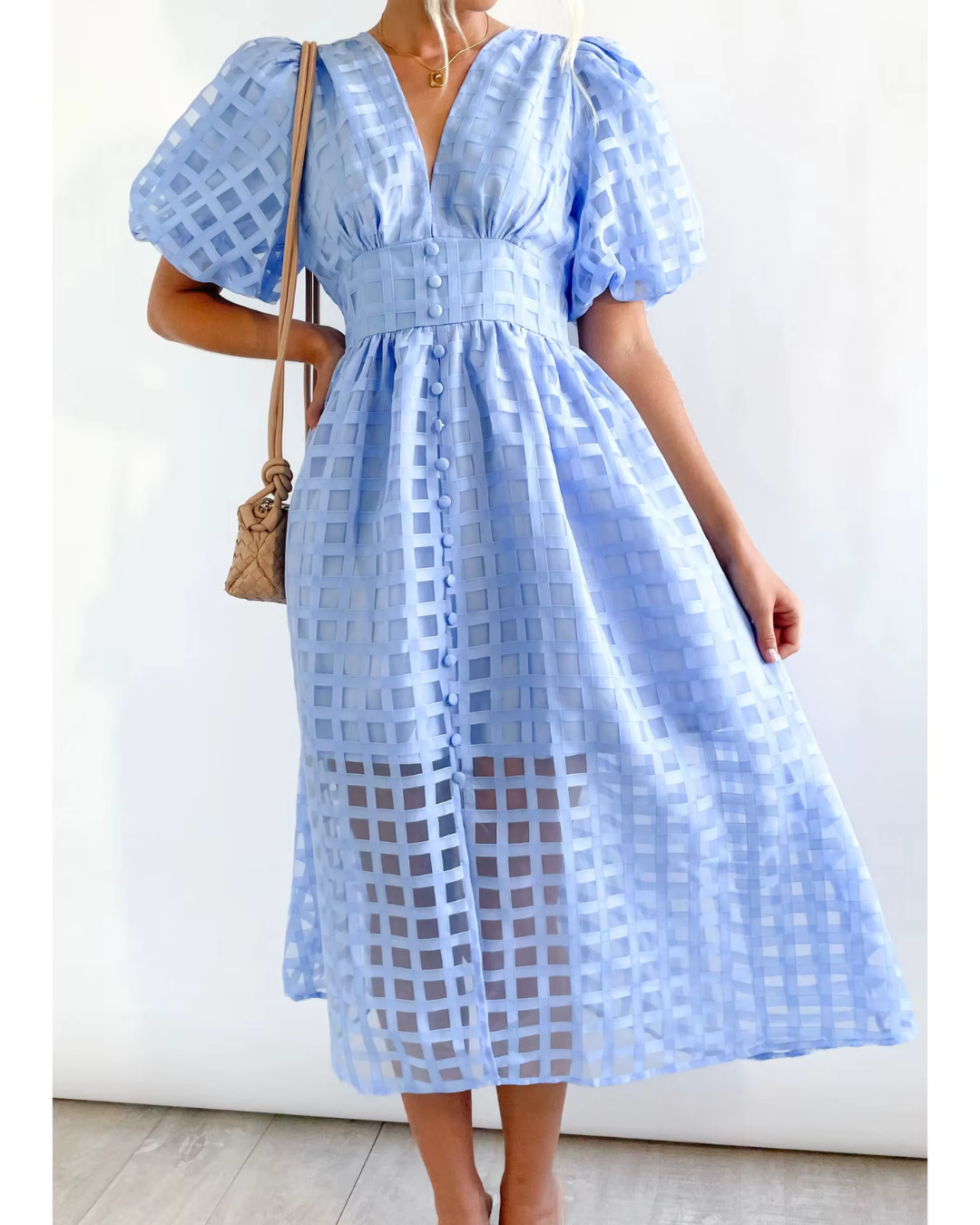 Callie - Sommerliche Eleganz mit dem Midi-Kleid mit Puffärmeln