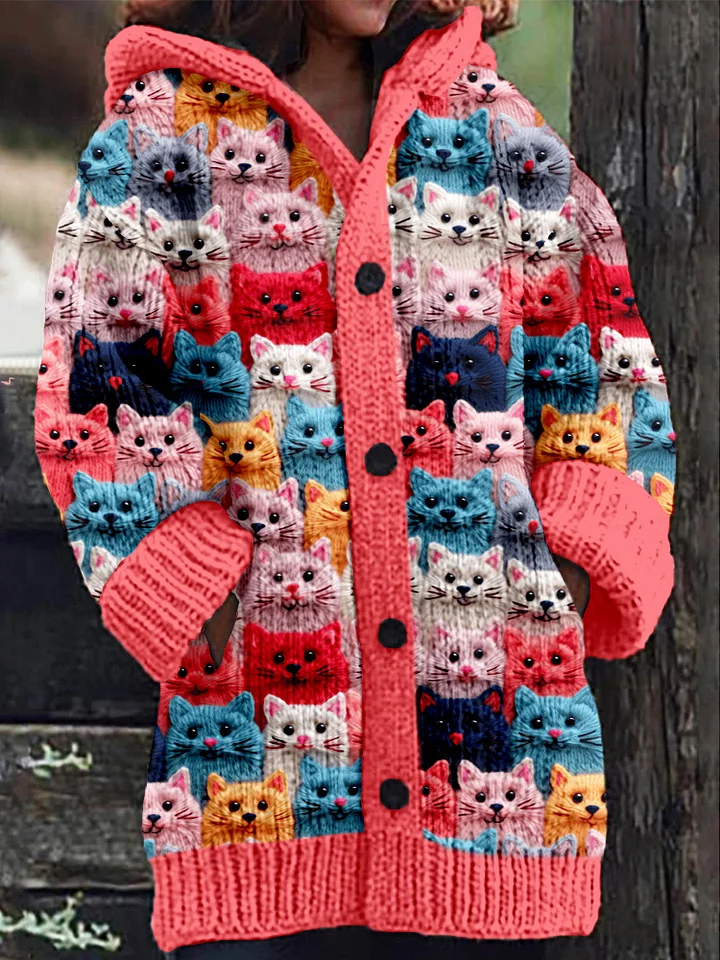 Katzen Strickjacke Damen – Bunte Kapuzen-Strickjacke für Herbst und Winter, Lockere Passform, Ideal für Lässige Anlässe-4