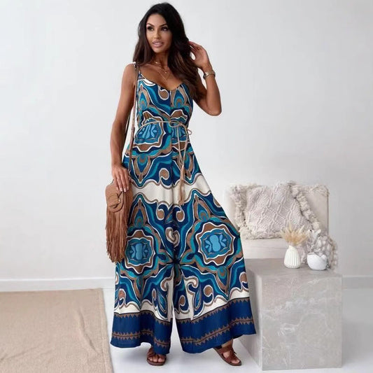 Elegante Anna - Damen Jumpsuit Festlich Mit weitem Bein, V-Ausschnitt, Krawatten-Taille, Retro Blumendruck, Ideal Für Sommer-1