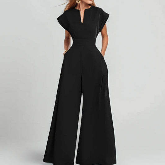 Elegante Anna - Damen Jumpsuit Festlich Schwarz Mit V-Ausschnitt, Lockere Passform, Kurzarm, Weites Bein-1