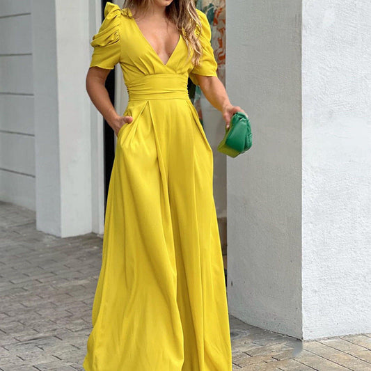 Eleganter Damen Jumpsuit Mit Weitem Bein Und Puffärmeln – Festlich Für Hochzeit Und Sommer-1