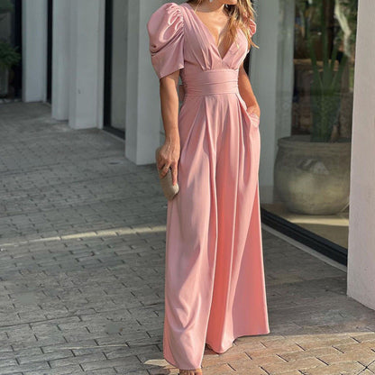 Eleganter Damen Jumpsuit Mit Weitem Bein Und Puffärmeln – Festlich Für Hochzeit Und Sommer-4