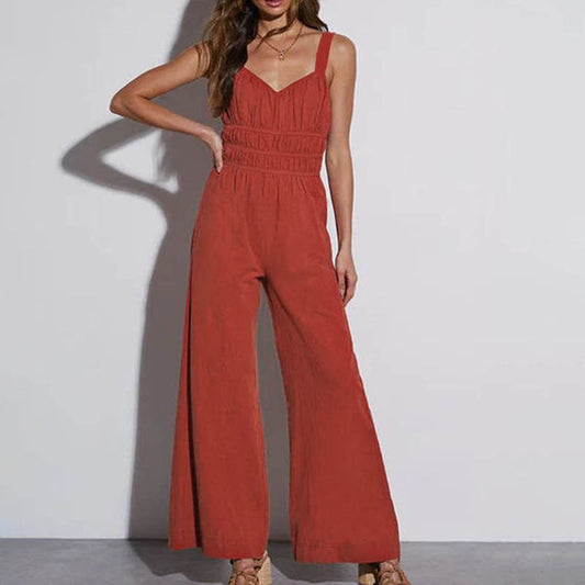 Anna Damen Jumpsuit Ärmelos Elastische Taille Weites Bein Sommer Weiß Elegant-1