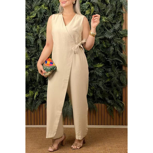 Anna Jumpsuit Damen Elegant - Wickel V-Ausschnitt, Ärmellos, Weites Bein, Ideal für Sommer-1