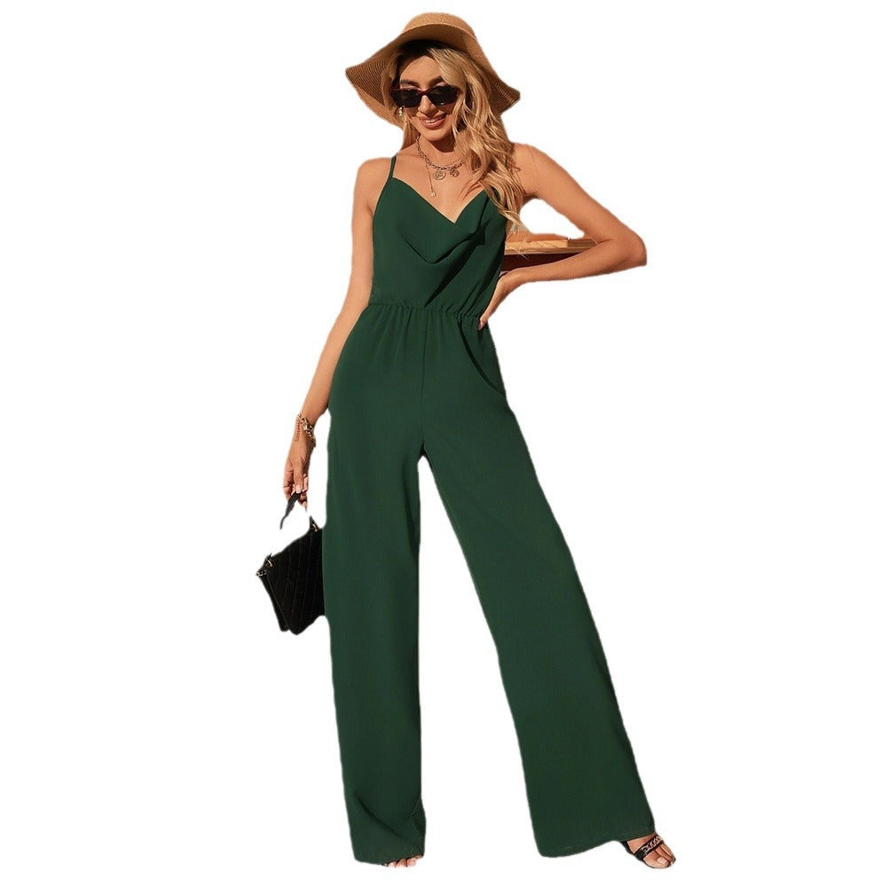 Eleganter Damen Jumpsuit - Ärmellos mit V-Ausschnitt, Festlich für Frühling/Sommer, Weite Beine, Schwarz-5